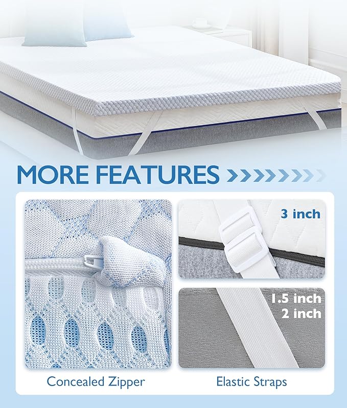 SINWEEK 1.5 Inch Full Size Cooling Memory Foam Mattress Topper for Pressure Relief, Thick Bed Mattress Pad with Cooling Soft Cover and Adjustable Straps, CertiPUR-US Certified