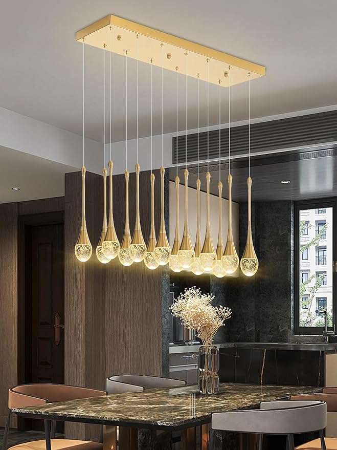 14-Light Modern LED Pendant Lighting Fixture for Kitchen Island Raindrop Crystal Chandelier Gold Chandelier for Dining Room High Ceiling Chandeliers for Staircase Foyer Hallway Villa