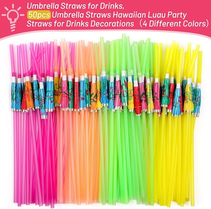 Paxcoo 50pc Umbrella Straws for Cocktails, Tropical Hawaiian Luau Party Decorations (Assorted Colors)