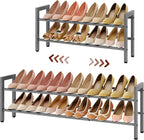 FAVOOSTY 2-Tier Expandable Shoe Rack, Adjustable Shoe Shelf Storage Organizer Space Saving Metal Free Standing Shoe Rack for Entryway Closet Doorway, Silver Grey