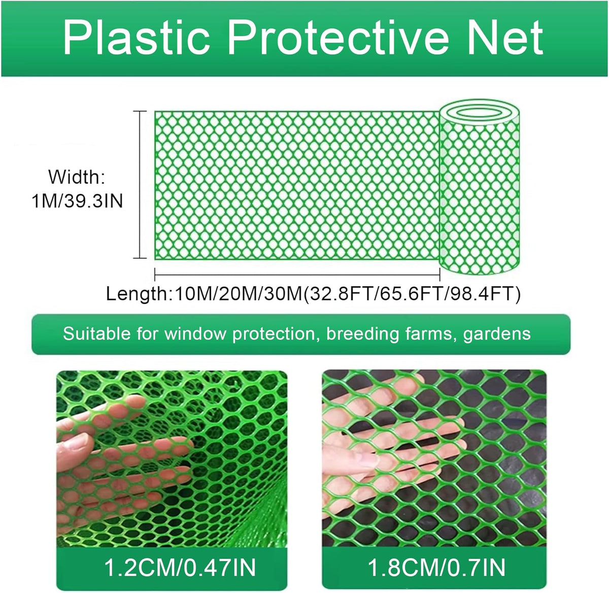 Wire Fence Mesh Green Plastic Mesh Roll 39.3″ Wide Poultry Fencing Multi-Use Garden Fence for Snow Fence Chicken Plants Balcony Protection Barrier(Size:1x30M - Mesh 1.2cm)