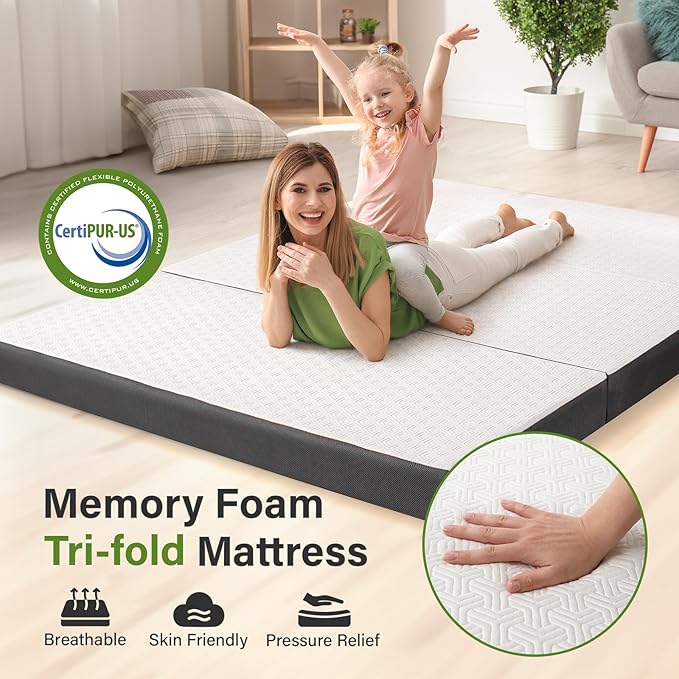 Folding Mattress 4in Twin Memory Foam Tri-Folding Mattress with Washable Cover Foldable Floor Mat for Guest Bed, Camping, Yoga, RV Travel, White (Size: 38" L x 75" W x 4" Th)