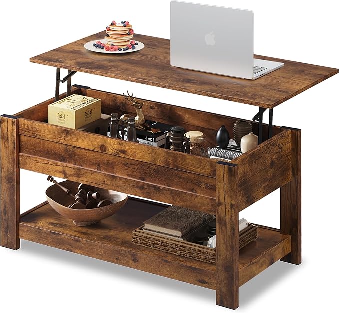 WLIVE Coffee Table, 39" Lift Top Coffee Table with Hidden Compartment and Storage Shelf for Living Room, Rustic Brown