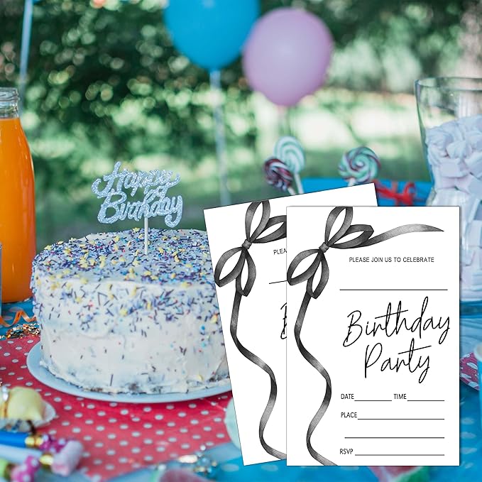 SIXEIGHT Black Bow Birthday Invitations, Black Ribbon Bow Birthday Party Invitations, 20 Party Invitations with Envelopes for Girls Boys, Birthday Party Favor & Decoration (4"x6")-A03