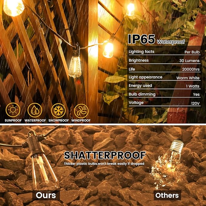 Outdoor String Lights, 150FT LED Patio Lights with 72+3 ST38 Vintage Edison Shatterproof Bulbs, Waterproof Connectable Dimmable Outside Hanging Lights for Backyard Bistro Porch Gazebo(75FTx2)