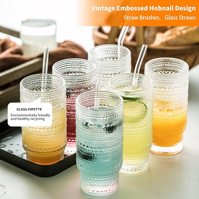 KEMORELA Glass Cups Vintage Glassware Set of 6 Large, Hobnail Drinking Glasses, 16oz Glass Cups With Straws, Romantic Hobnail Highball Glasses, Bar Beverages Ice Coffee Cup Glassware