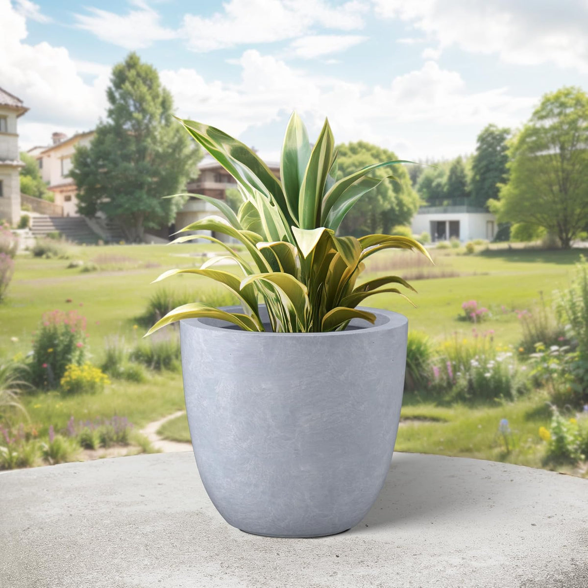 Kante 10 Inch Dia Round Concrete Planter, Indoor Outdoor Large Plant Pot with Drainage Hole and Rubber Plug for Home Patio Garden, Gray