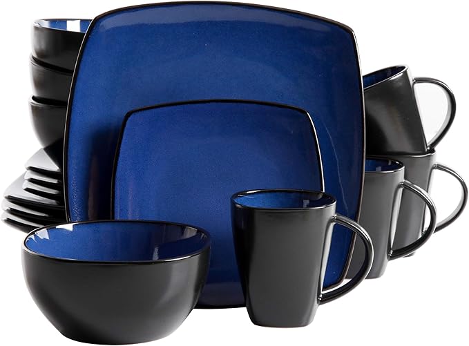 Gibson Elite Soho Lounge Square Reactive Glaze Stoneware Dinnerware Set, Service for 4 (16pc), Sapphire