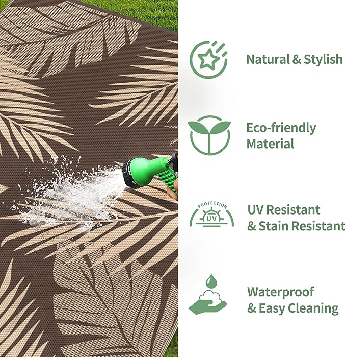 GENIMO Outdoor Rug 5' x 8' Waterproof for Patios Clearance, Reversible Outdoor Plastic Straw Camping Rug Carpet, Large Area Rugs Mats for RV, Camper, Deck, Balcony, Porch, Beach, Picnic, Coffee&Beige