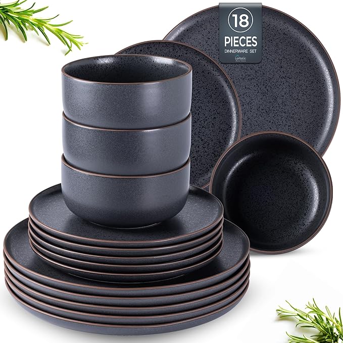 LERATIO Stoneware Dinnerware Sets for 6,Handcarft Ceramic Plates and Bowls Sets,Chip and Scratch Resistant Dishes, Dishwasher & Microwave Safe, Oven safe,Reactive Glaze-Speckled Ashen