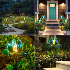 Huaxu Solar Outdoor Lights 35.4In Garden Decor Flower Wind Spinners,Waterproof LED Crackle Glass Globe Blue Lotus Art Metal Stake for Lawn Patio Pathway Yard Porch Driveway Decorations Gift