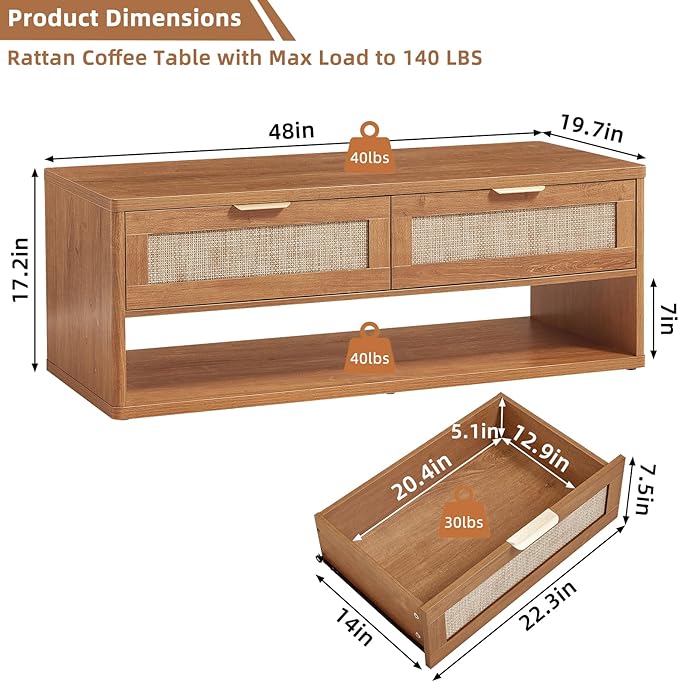 LEYAOYAO 48" Farmhouse Boho Rattan Coffee Table with 2 Woven Drawers,Rectangular Coffee Tables with Hidden Storage Compartment,Curved Profile Design,Wooden Center Table for Living Room,Office,Brown