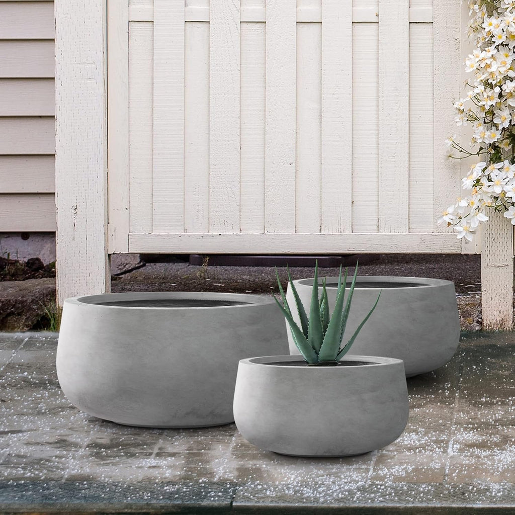 Kante 19.6",15.7",11.8" Dia Round Concrete Planters Set of 3, Outdoor Indoor Garden Plant Pots with Drainage Hole and Rubber Plug, Modern Curvaceous Design, Natural Concrete