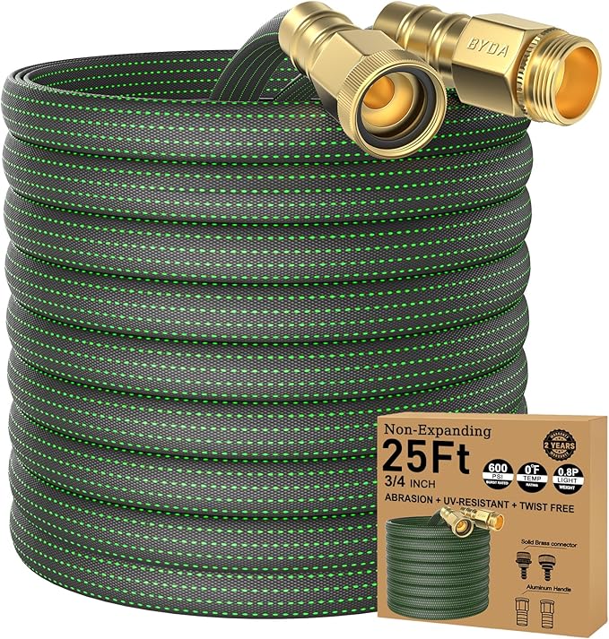 25FT Lightweight Flexible Garden Hose,Non-Slip Handles,Non-kink Hose,Solid Brass Fitting for Boats, RV Water Hose,Marine Washdown,Lawn,Garden,Leakproof TPE Hose (GreenBlack, 25 FT)