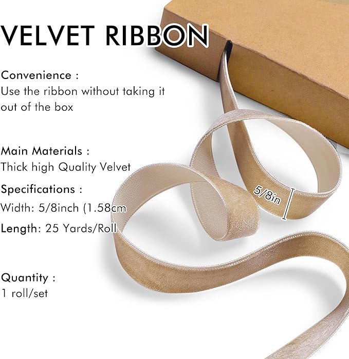 Khaki Velvet Ribbon 5/8'' 25 Yards for Christmas Tree, Gift Wrapping, Flower Bouquet, Wreath Decorations, Bow Making