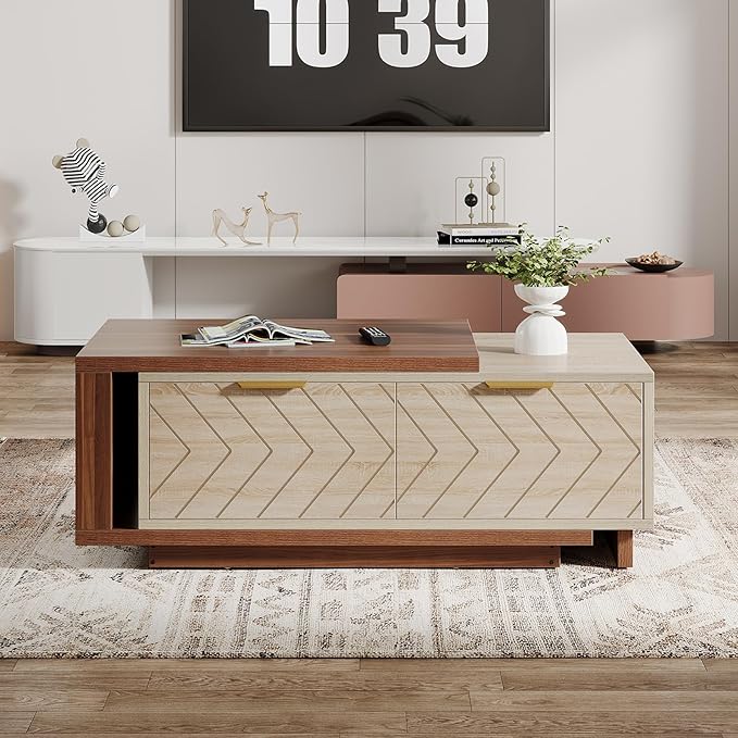 Tribesigns Extendable Coffee Table with 2 Storage Drawers, Dual-Tone Center Table with Sliding Tabletop, Multi-Functional Hidden Storage Wooden Rectangle Cocktail Table for Living Room (Walnut & Oak)