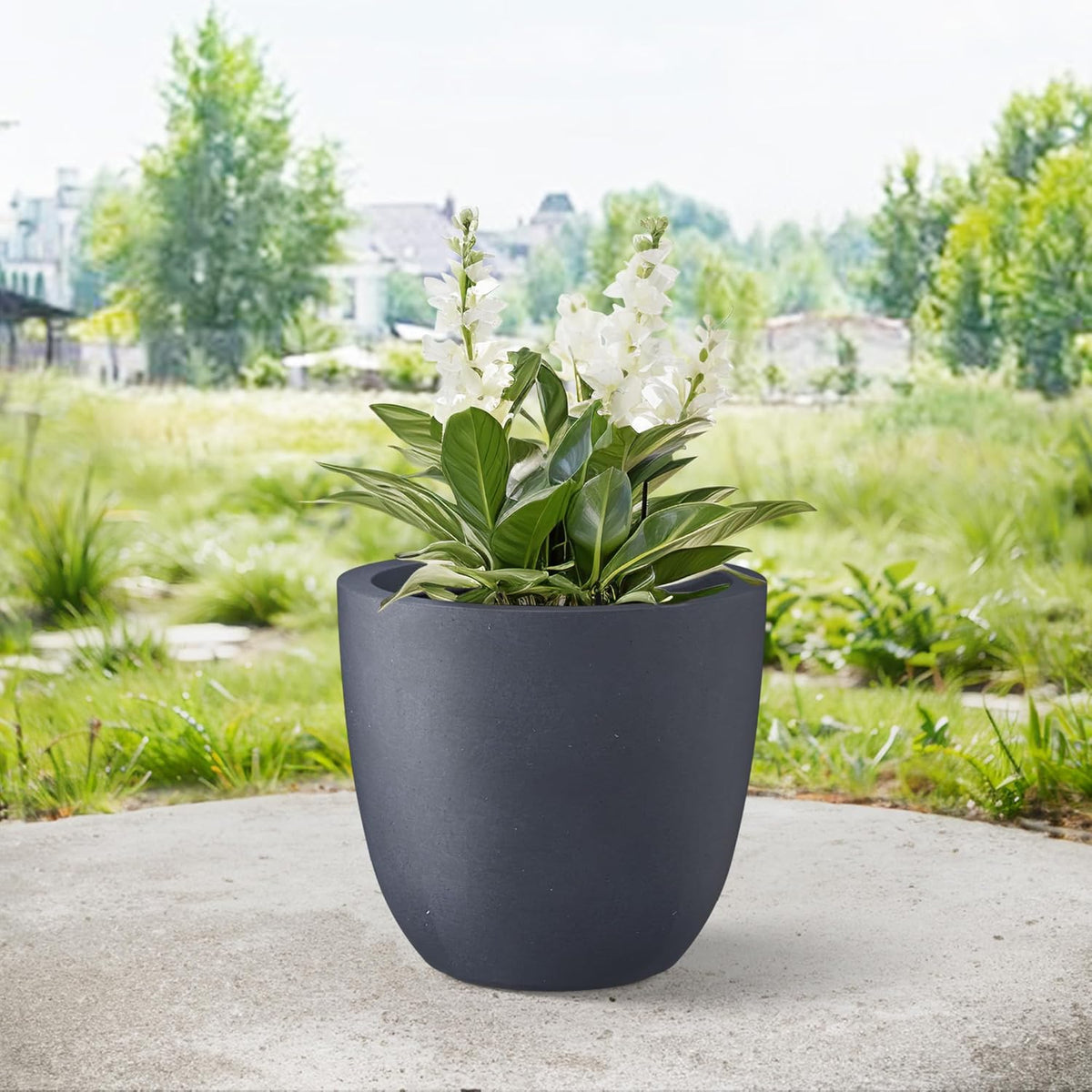 Kante 14 Inch Dia Round Concrete Planter, Indoor Outdoor Large Plant Pot with Drainage Hole and Rubber Plug for Home Patio Garden, Dark Gray