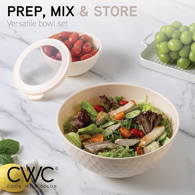 COOK WITH COLOR Mixing Bowls with Lids - 12 Piece Plastic Nesting Bowls Set includes 6 Prep Bowls and 6 Lids, Non Slip Bottom and Embossed Design - Microwave Safe (Cream)