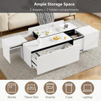 Modern High Gloss Coffee Table with Hidden Storage Space, 47.2-Inch Wooden Extending Top Center Table with Drawers for Living Room, White