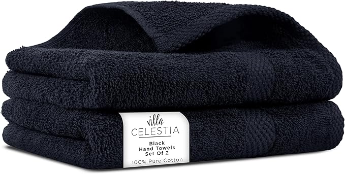 100% Cotton Hand Towel Set of 2, (16 x 28 inches) Sustainable, Soft, Highly Absorbent, Quick Drying, Combed Cotton Hand Towels Pack of 2 Ideal for Hotels, Spa, Bathroom, Dorm, Black