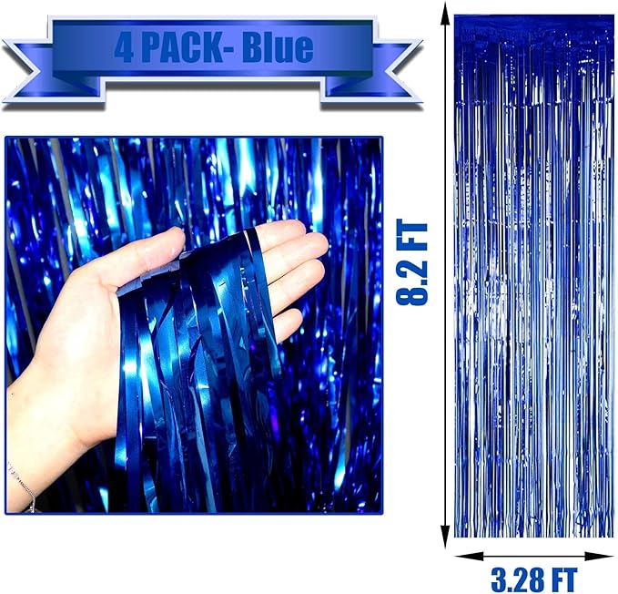 4 Pack Blue Foil Fringe Curtain Backdrop, 3.28Ftx8.2Ft Metallic Tinsel Streamers for Sea Party, Photo Booth Props, Birthday, 2022 Summer Ocean Theme Party Decoration Supplies