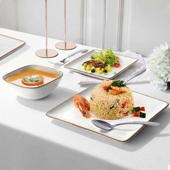 Herogo 12 Pieces Square Stoneware Dinnerware Dishes Set for 4, Handmade Dining Plates and Bowls Sets, Double Reactive Glaze, Microwave & Dishwasher Safe, Scratch Resistant, Ivory White
