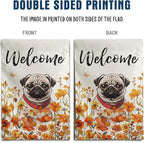 Floral Pug Garden Flag Fall Yard Flag Wildflower Dog Garden Flags Orange Autumn Lawn Flags Welcome Thanksgiving Outdoor Flags for Outside 12x18 Double Sided Small