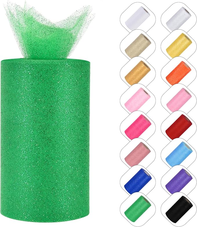 Glitter Tulle Rolls 6" by 50 Yards - Sparkle Fabric Ribbon With Sequins for DIY Tutu Skirt, Wedding, Birthday Party Decoration (Green)