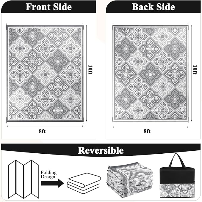 Pauwer Waterproof Outdoor Rug 8x10, Reversible Plastic Straw Patio Camping Rug, Indoor Outdoor RV Mat Carpet for Deck, Camper, Porch, Balcony, Backyard, Picnic, Clover Grey