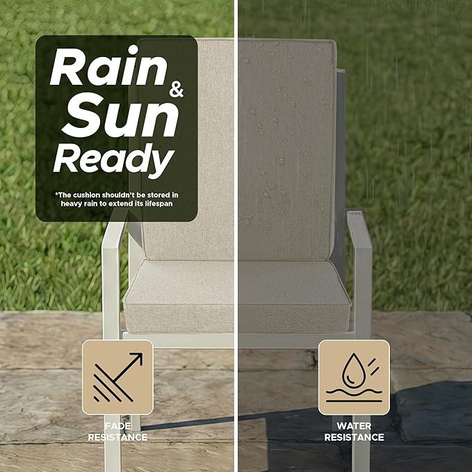 Outdoor Chair Cushions, Water-Resistant & Fade-Resistant, Patio Furniture Lawn Dining Chair Seat Replacement with Mid Back, Ties Zipper, Removable Cover, 18 x 16.5 Inch, Set of 4, Beige