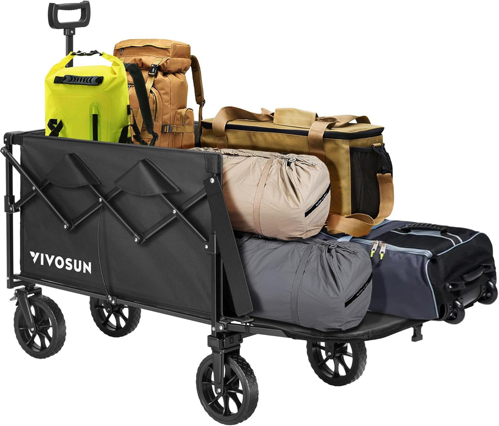 VIVOSUN Collapsible Wagon with Tailgate, 320lb Load-Bearing Outdoor Utility with All-Terrain Wheels, Adjustable Handle, Cup Holders for Camping, Shopping, Garden, Sports, Picnic, Black