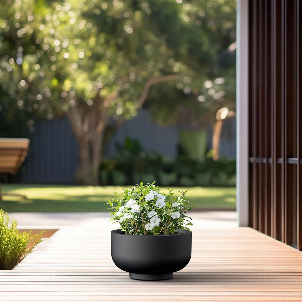 Kante 13.8 Inch Dia Concrete Bowl Planter, Large Tapered Bottom Plant Pot with Drainage, Smooth Black Finish with Warm Brown Interior, Ideal for Porch, Home, Garden, Patio