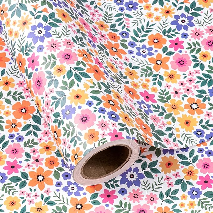 WRAPAHOLIC Kraft Floral Wrapping Paper Roll - Mini Roll - 17 Inch x 9.8 Feet - Ditsy Flower Wrapping Paper, Perfect for Wedding, Birthday, Bridal Shower, Tea Party