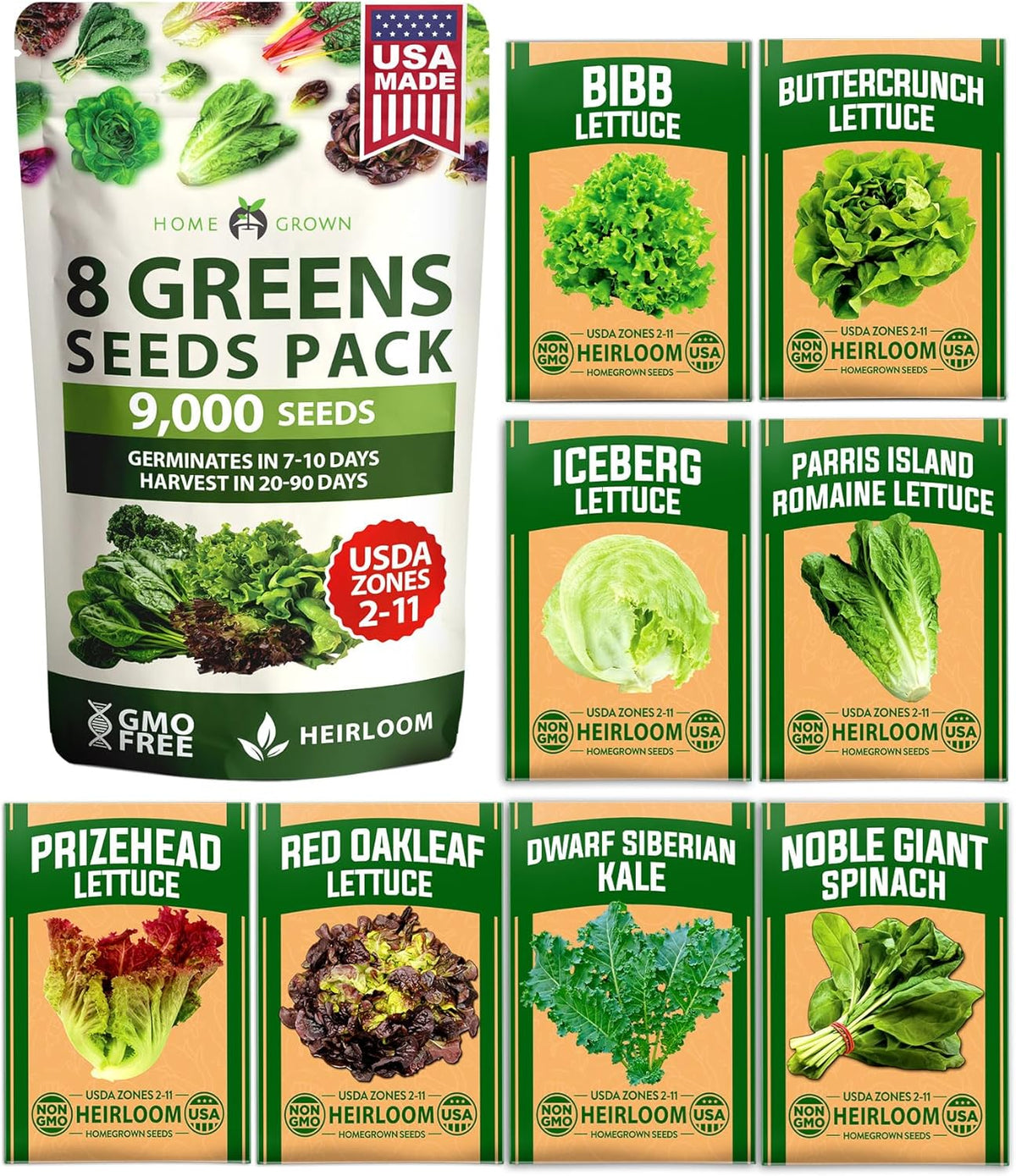 HOME GROWN Lettuce Seeds for Planting - 8 Varieties Non-GMO Heirloom Salad Greens Seeds - 9000+ USA-Sourced Vegetable Seeds for Planting Outdoors, Indoors, Hydroponic Garden