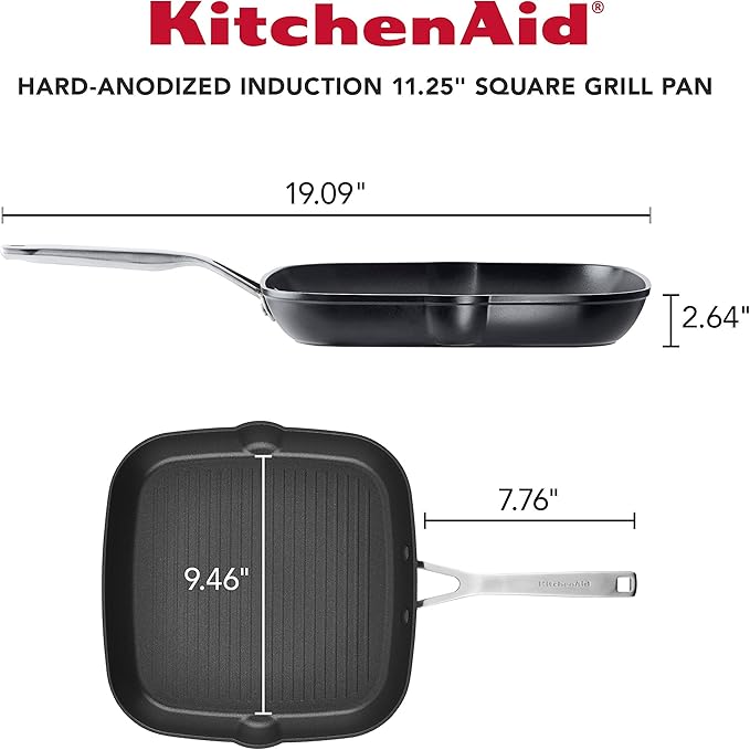 KitchenAid Hard Anodized Induction Nonstick Square Grill Pan/Griddle with Pouring Spouts, 11.25 Inch, Matte Black