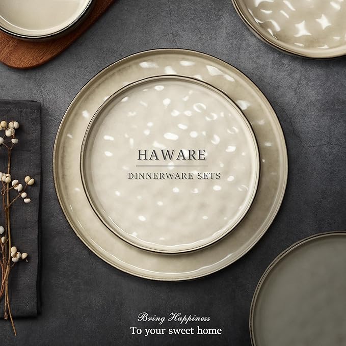 HaWare Dinnerware Sets, 18-Piece Plates and Bowls Set, Stoneware Dish Set for 6, Ceramic Dinnerware for Home Restaurant, Chip and Scratch Resistant, Microwave and Dishwasher Safe, Saturn Khaki