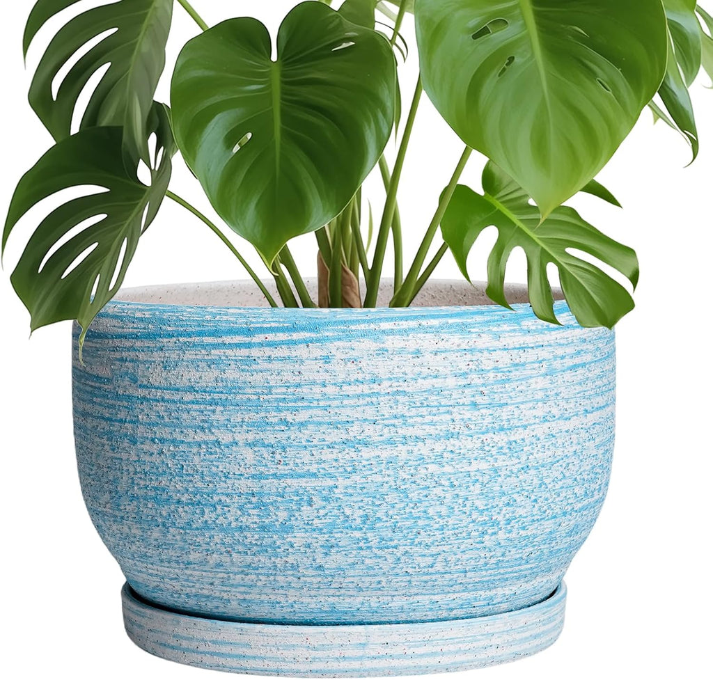 SQOWL Ceramic Plant Pots - 10 Inch Ceramic Flower Pots with Drainage Hole and Saucer, Round Large Planter for Indoor Outdoor, Decorative Modern Planter, Kitchen Decor, House Warming Gifts, Blue