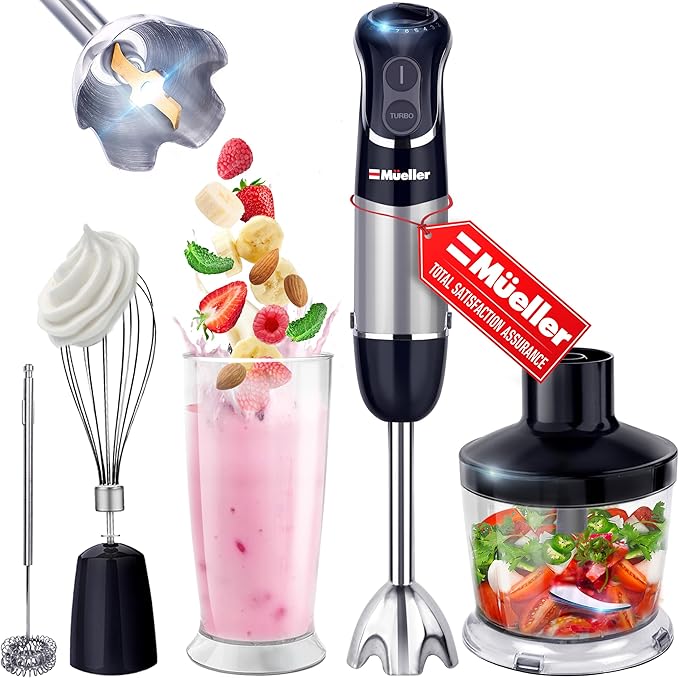 Mueller Multistick 800W 5-in-1 Immersion Blender Handheld, 12 Speed Hand Mixer - Turbo Boost, Heaviest Duty Copper Motor, Titanium Blades Hand Blender, Milk Frother Wand, Whisk, Kitchen Gadgets Black