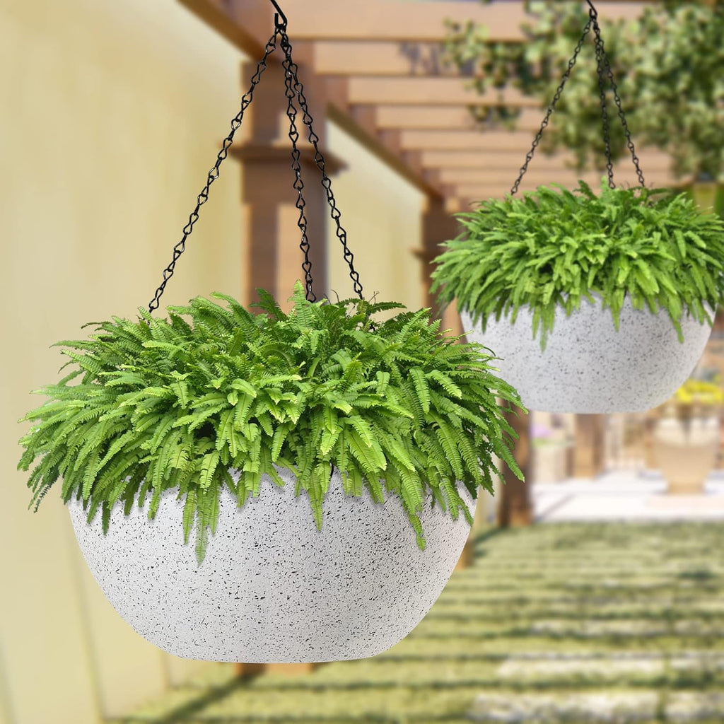 WOUSIWER 13 inch 2Pack Large Hanging Planters for Outdoor Indoor Plants with Drainage Holes and Chain, Round Hanging Flower Pots for Garden Home Porch Decor, White Speckles