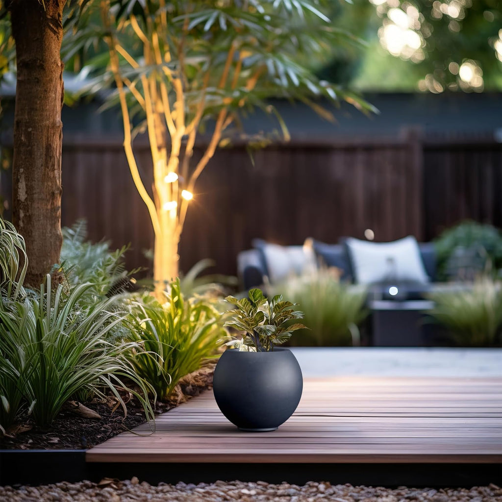 Kante Round Concrete Flower Pot, 11 Inch Dia (7.9" Opening) Sphere Shape Design Planter with Drainage Hole and Rubber Plug for Indoor & Outdoor Plants, Charcoal Finish with Warm Brown Interior