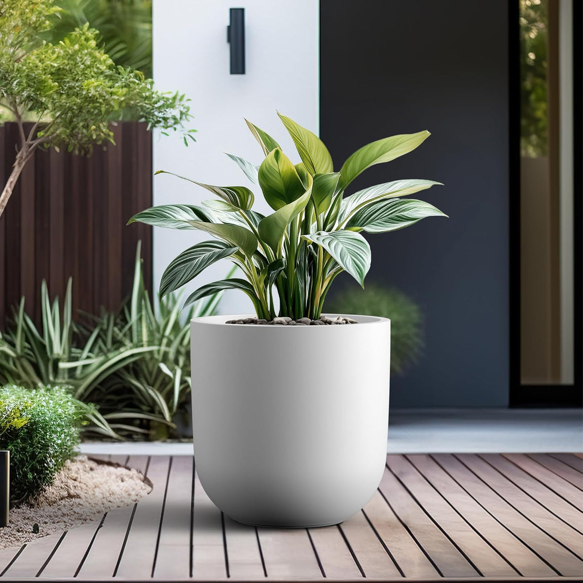 Kante 16.5" Round Concrete Planter, Large Cylinder Plant Pot with Curved Bottom and Drainage Hole, for Indoor and Outdoor Use – Garden or Patio, White Finish with Aqua Blue Interior