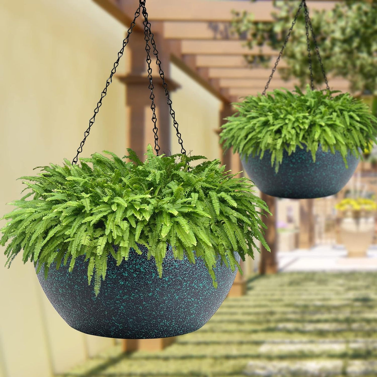 WOUSIWER 13 inch 2 Pack Large Hanging Planters for Indoor Outdoor Plants with Drainage Holes and Chain, Round Hanging Flower Pots for Garden Home Porch Decor, Black with Green Speckles