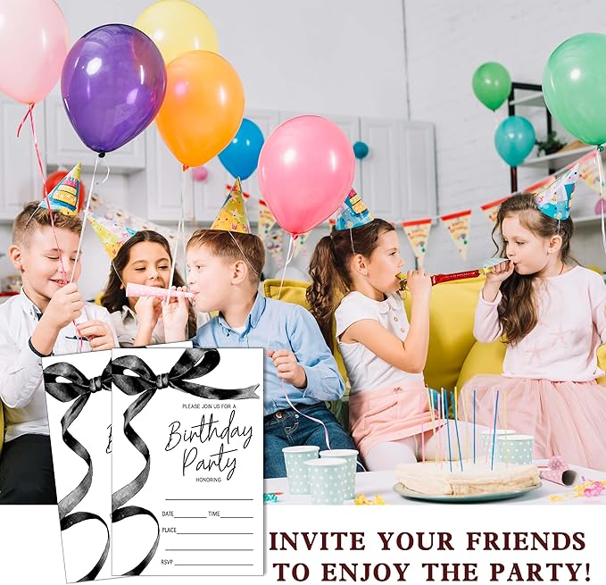 SIXEIGHT Black Bow Birthday Invitations, Black Ribbon Bow Birthday Party Invitations, 20 Party Invitations with Envelopes for Girls Boys, Birthday Party Favor & Decoration (4"x6")-A01