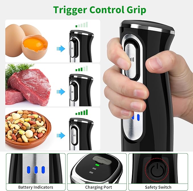 Cordless Immersion Blender Handheld, Rechargeable 4 In 1 Electric Hand Blender Stick Blender Variable Speed with Chopper, Beaker, Whisk, Stainless Steel Blade for Soup, Baby Food, Smoothies