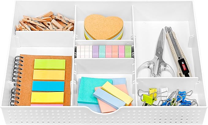 CAXXA 3 Slot Drawer Organizer with 4 Adjustable Dividers - Drawer Storage 7 Compartments Junk Drawer Organizer for Office Desk Supplies and Accessories, White