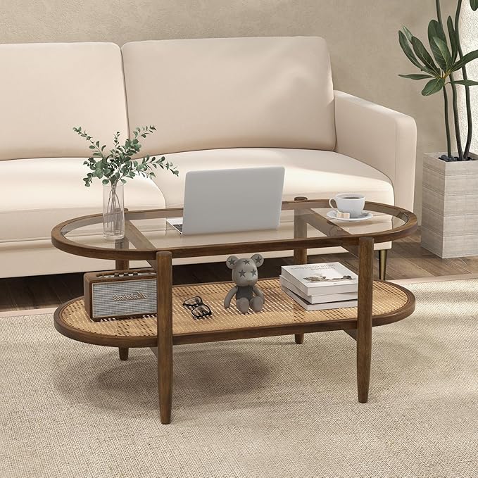 MAT EXPERT Rattan Coffee Table, 2 Tier Boho Oval Living Room Table w/Glass Tabletop Wood Frame & Storage Shelf, 40’’L Mid Century Modern Tea Table, Center Table for Living Room Home Office, Brown