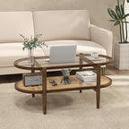 MAT EXPERT Rattan Coffee Table, 2 Tier Boho Oval Living Room Table w/Glass Tabletop Wood Frame & Storage Shelf, 40’’L Mid Century Modern Tea Table, Center Table for Living Room Home Office, Brown