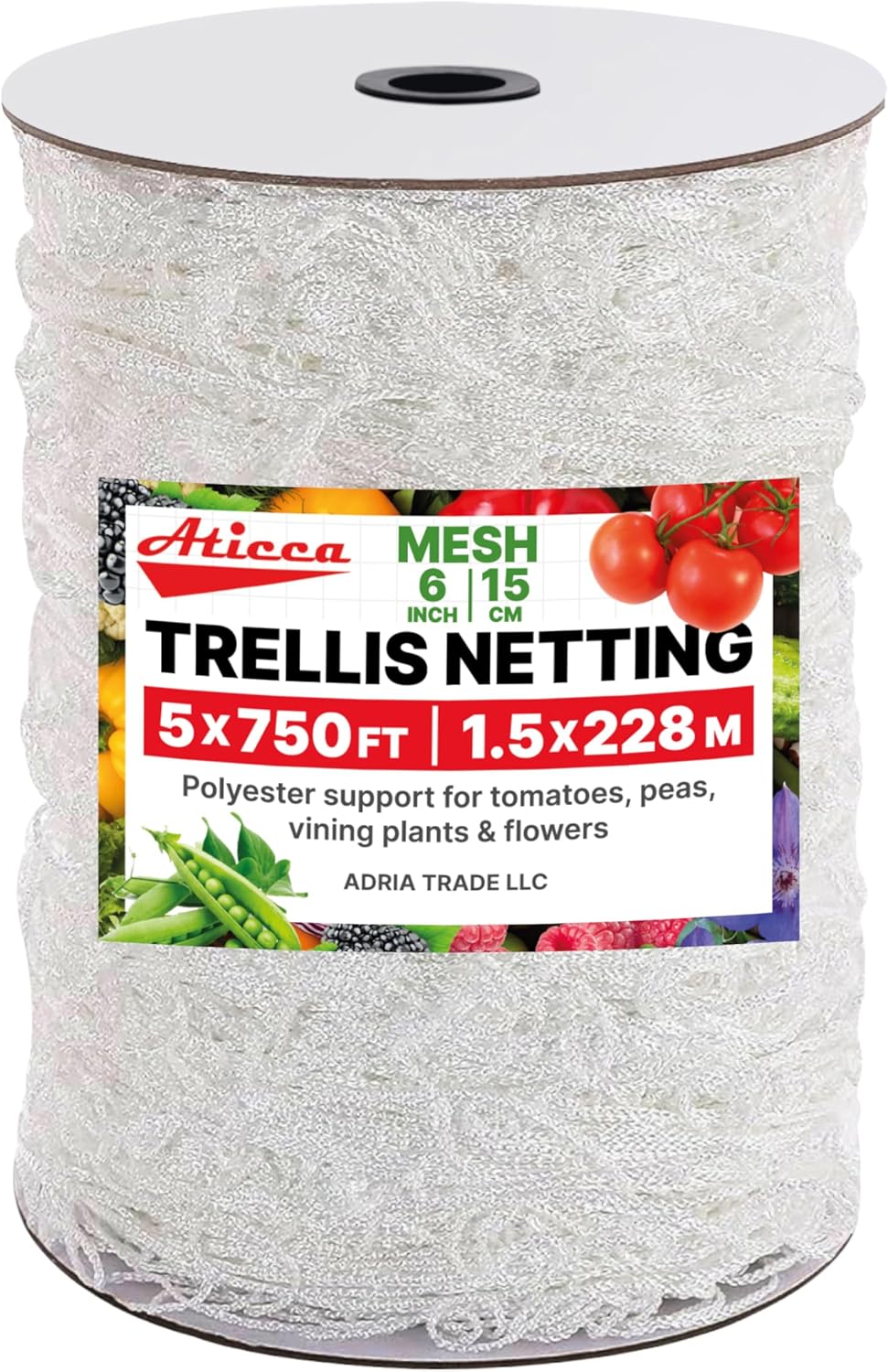 Trellis Netting 5 x 750 ft Heavy Duty Polyester Plant Support Netting White - 6 Inch Garden Rope Trellis on Roll - Mesh Twine for Growing Vine Climbing Plants, Flowers, Peas, and Tomatoes.