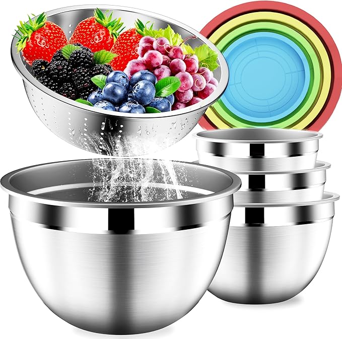 Mixing Bowls with Strainer, Mixing Bowl with Lids Set, Stainless Steel Mixing Bowls, Kitchen Gadgets 2025 Salad Bowls with Strainer for Mixing & Preping & Baking, Multicolor
