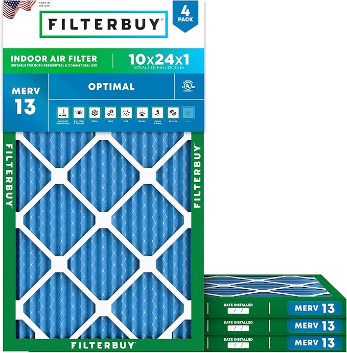 Filterbuy 10x24x1 Air Filter MERV 13 Optimal Smoke & Allergy Defense (4-Pack), Electrostatic Pleated HVAC AC Furnace Filters Replacement, Made in USA (Actual Size: 9.50 x 23.50 x 0.75)